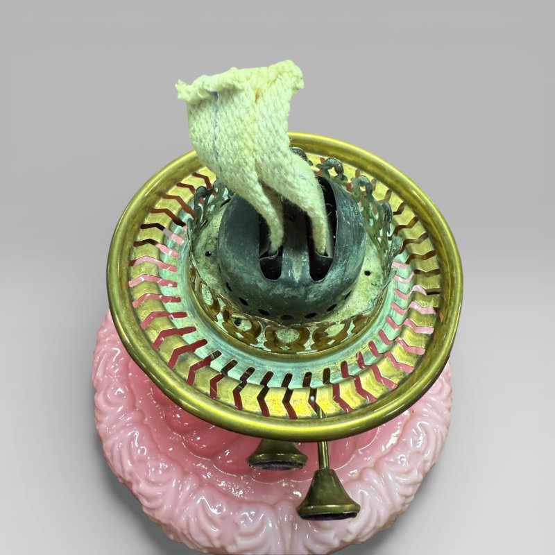 Antique Victorian Cranberry Etched Glass Oil Lamp With Brass Column - Image 7